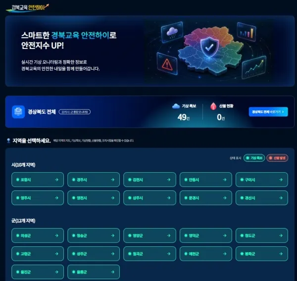 경북교육청, 전국 최초 통합 기상상황판 ‘경북교육 안전하이’ 구축(경북교육 안전하이 홈페이지). [사진제공=경북교육청]